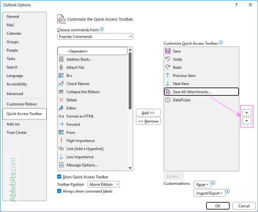 Rearrange the Quick Access Toolbar commands.
