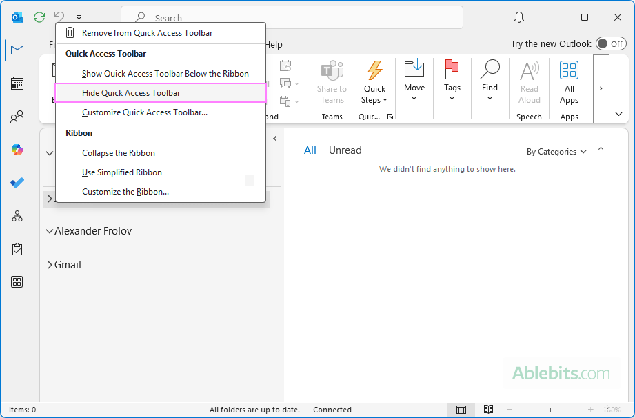 Hide the Quick Access Toolbar in Outlook.