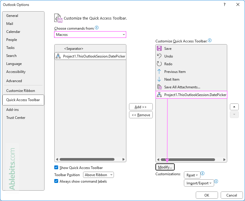 Modify a macro button added to the Outlook Quick Access Toolbar.