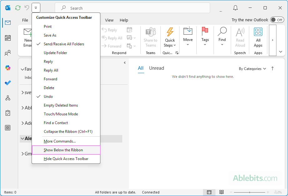 Move the Outlook Quick Access Toolbar below the ribbon.