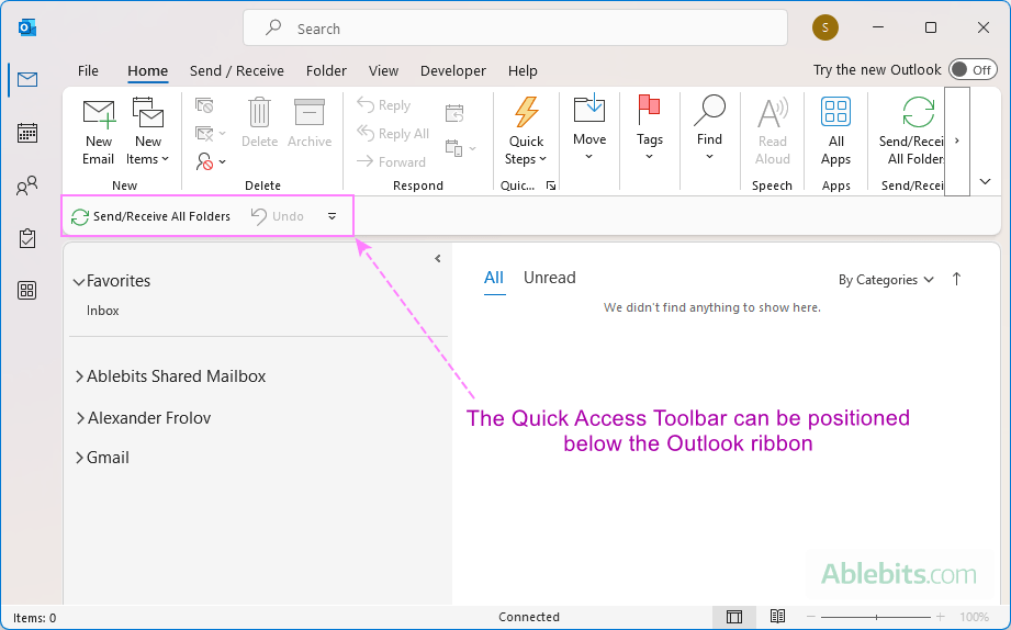 The Quick Access Toolbar is positioned below the Outlook ribbon.