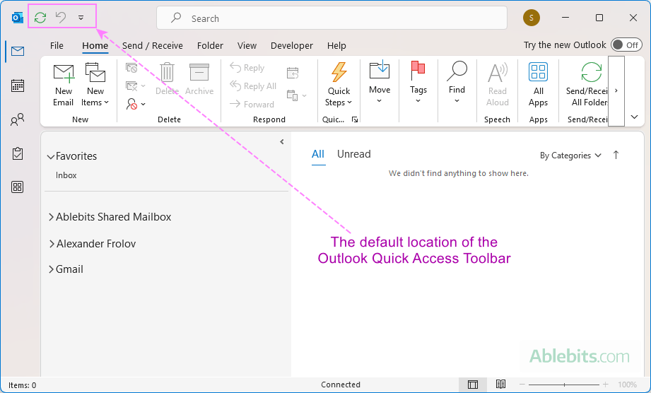 The default Quick Access Toolbar location in Outlook.