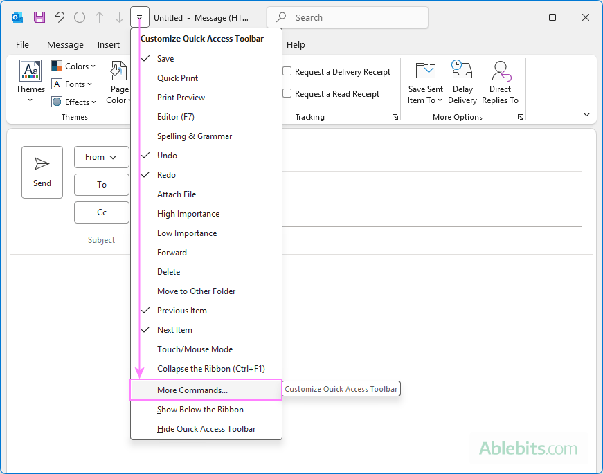 Access the Outlook Quick Access Toolbar customization window.