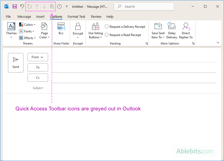Quick Access Toolbar icons are greyed out in Outlook.