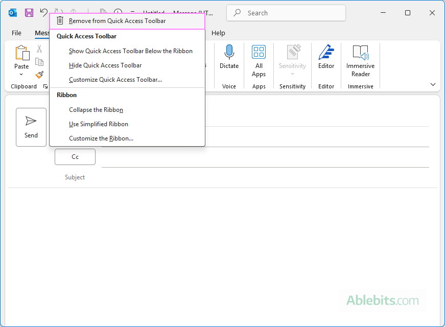 Remove a command from the Outlook Quick Access Toolbar.