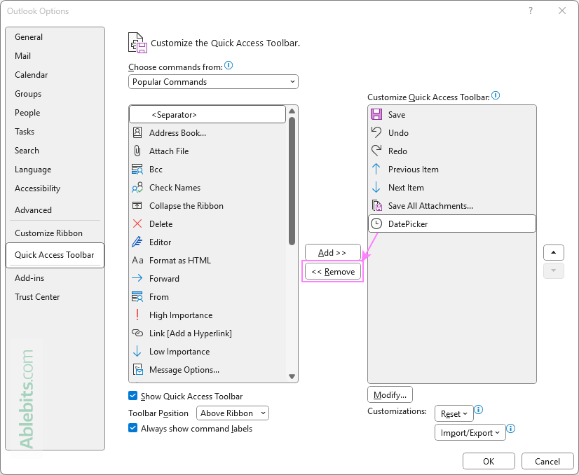 Remove commands using the Quick Access Toolbar customization window.