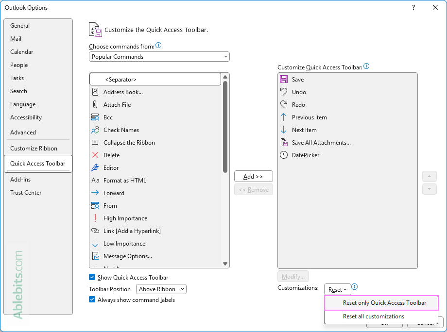 Reset the Outlook Quick Access Toolbar to default settings.