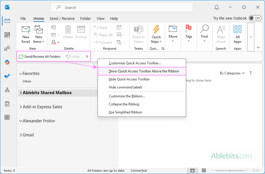 Move the Outlook Quick Access Toolbar above the ribbon.