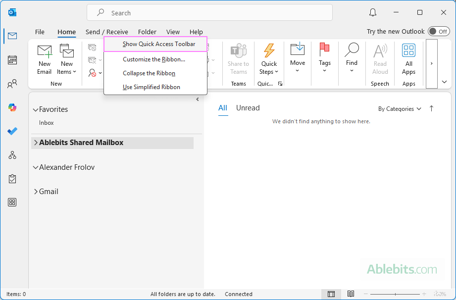 Show the Quick Access Toolbar in Outlook.
