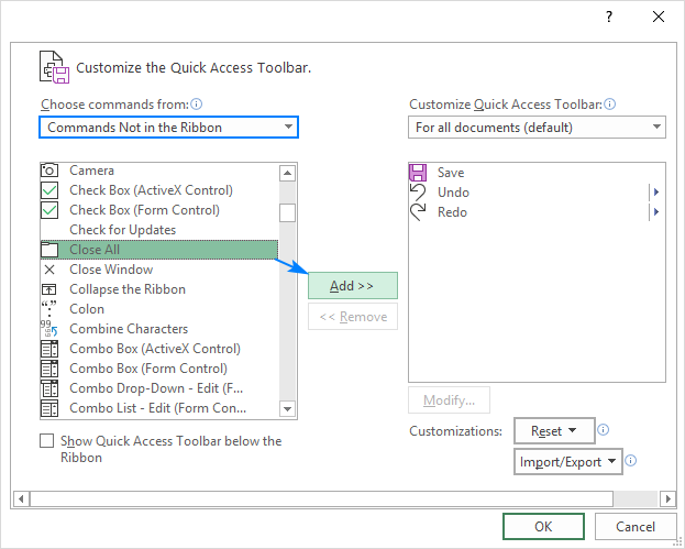 Quick Access Toolbar in Excel: how to customize, move and reset
