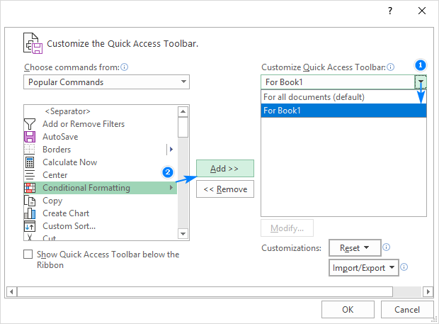 cannot customize quick access toolbar outlook