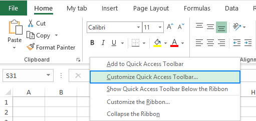 how do you customize the quick access toolbar excel for mac