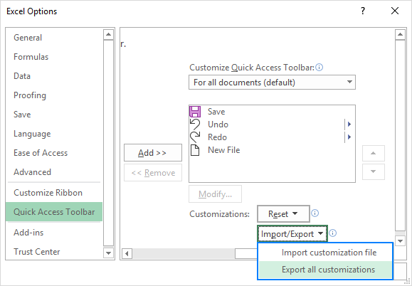 Export and import a customized Quick Access Toolbar.