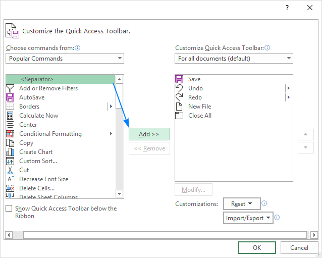 cannot customize quick access toolbar