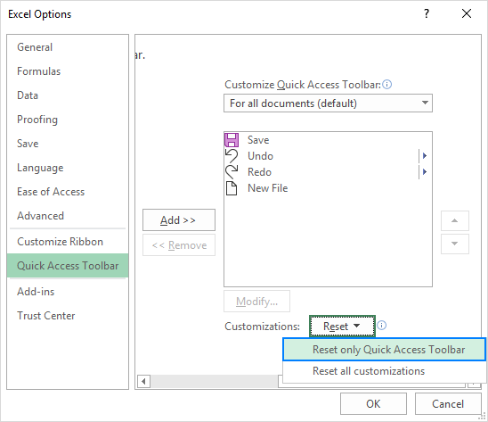 Resetting Quick Access Toolbar to the default settings