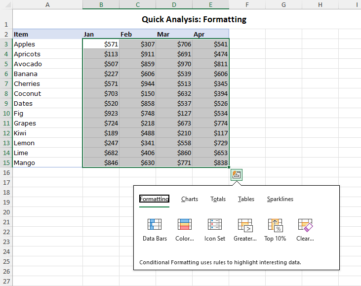 Quick Analysis Formatting options