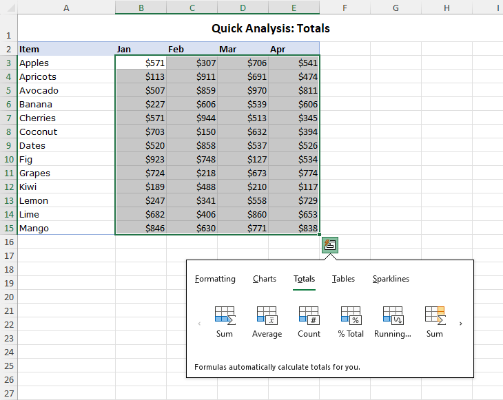 Quick Analysis Totals to calculate summary statistics