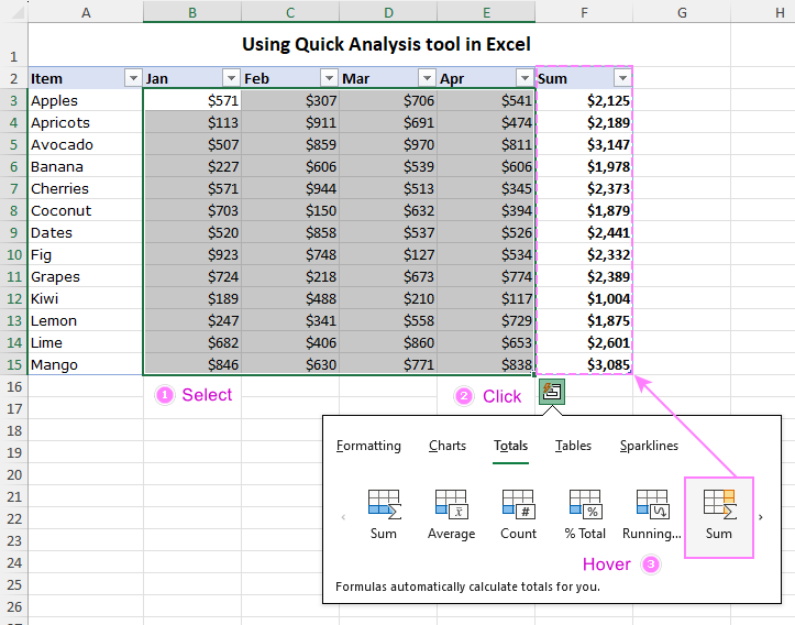 Using Quick Analysis tool in Excel