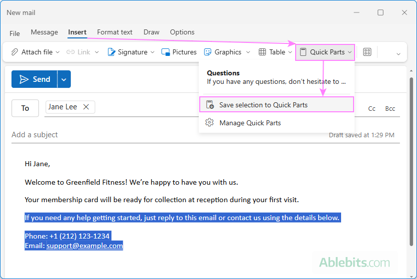 Add a Quick Part in new Outlook.