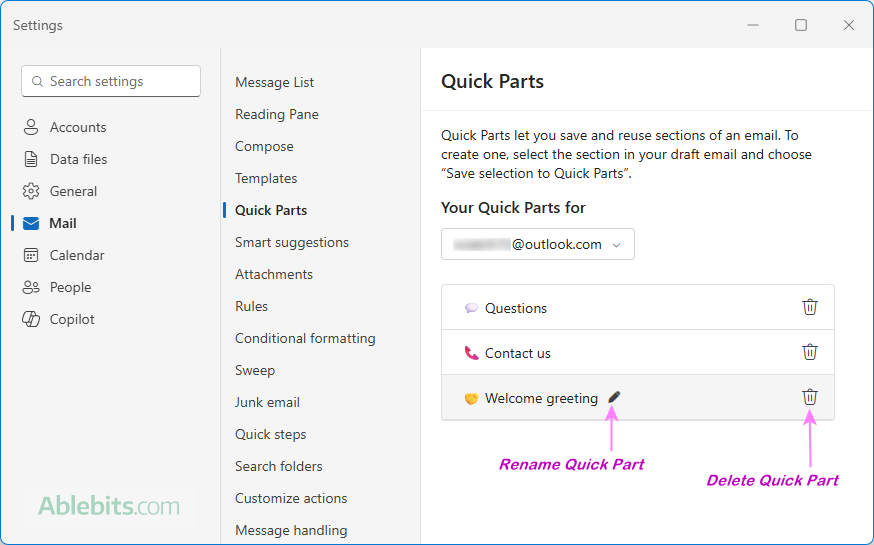 Rename or delete a Quick Part in new Outlook.