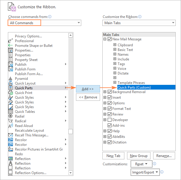 microsoft outlook 2016 quick parts not saving