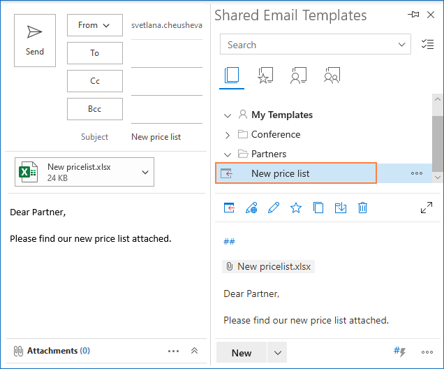 Double-click to insert a template into an email message.