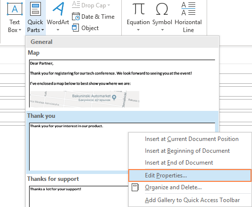 Edit the properties of a Quick Part.