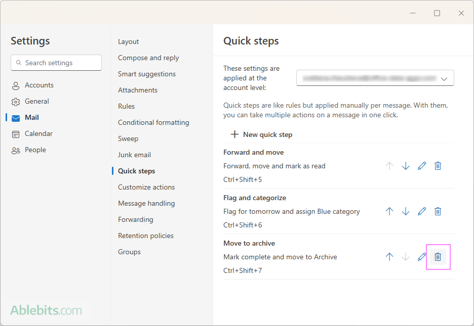 Delete a quick step in the new Outlook.
