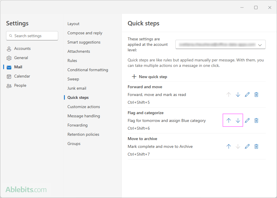 Change the order of quick steps in the new Outlook.