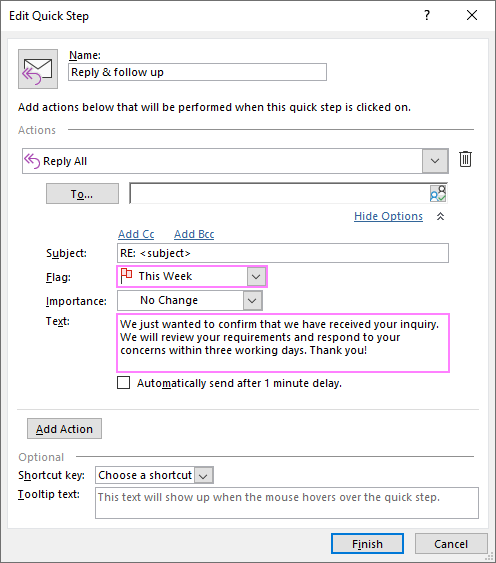 Configuring a quick step email template