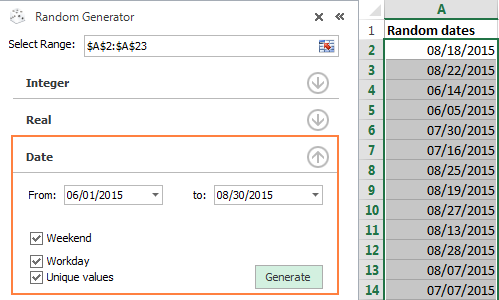 Creating random dates in Excel