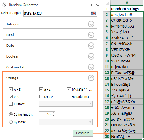 Generating random text strings and passwords in Excel