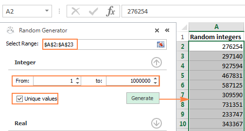 Generating unique random integers in Excel