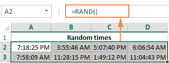 Insert random times by using the standard RAND function and applying the time format