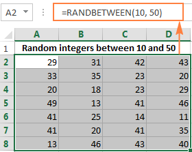 Using the RANDBETWEEN function to generate random integers in a specified range
