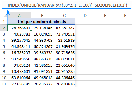 Eine Excel-Formel zum Erstellen eines Bereichs nicht wiederholter zufälliger Dezimalzahlen