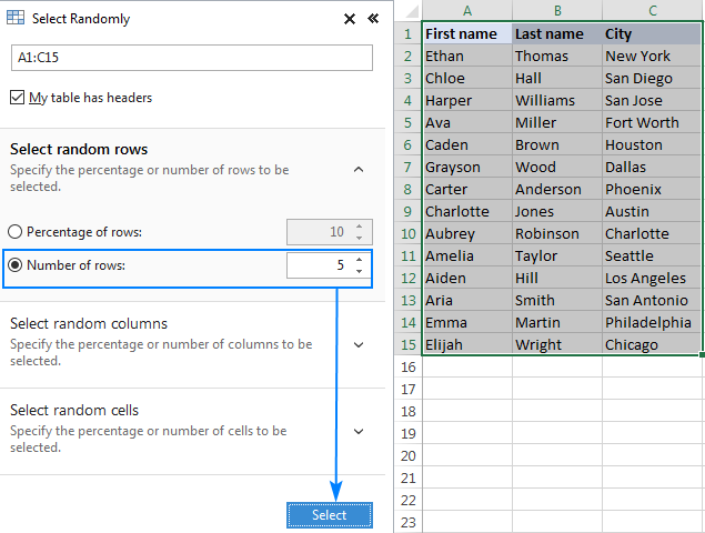 Selecting a number or percentage of random rows in Excel.