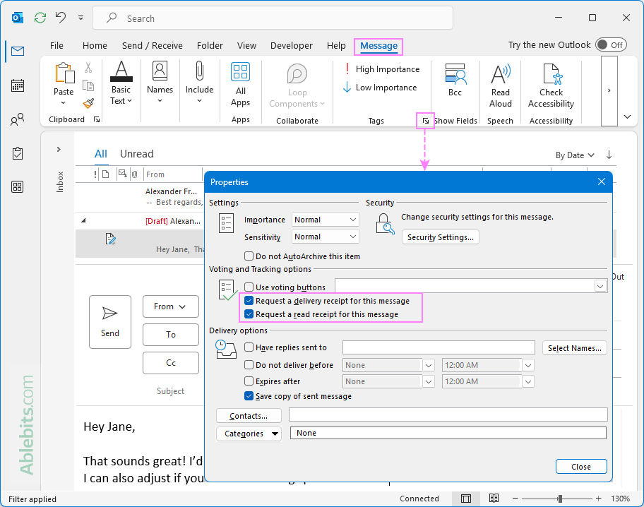 Add a read receipt from the Outlook Reading pane.