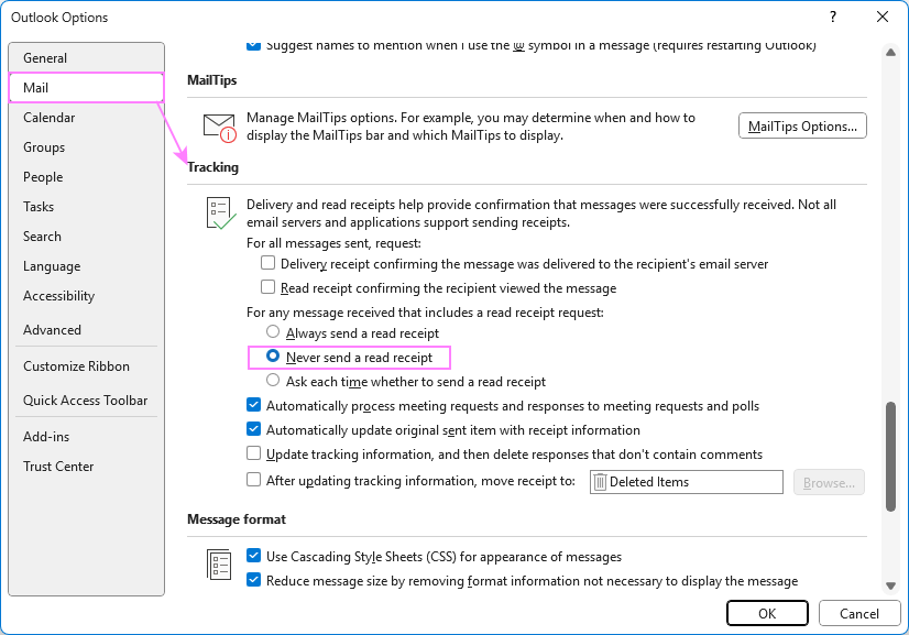 Disable read receipts in Outlook.