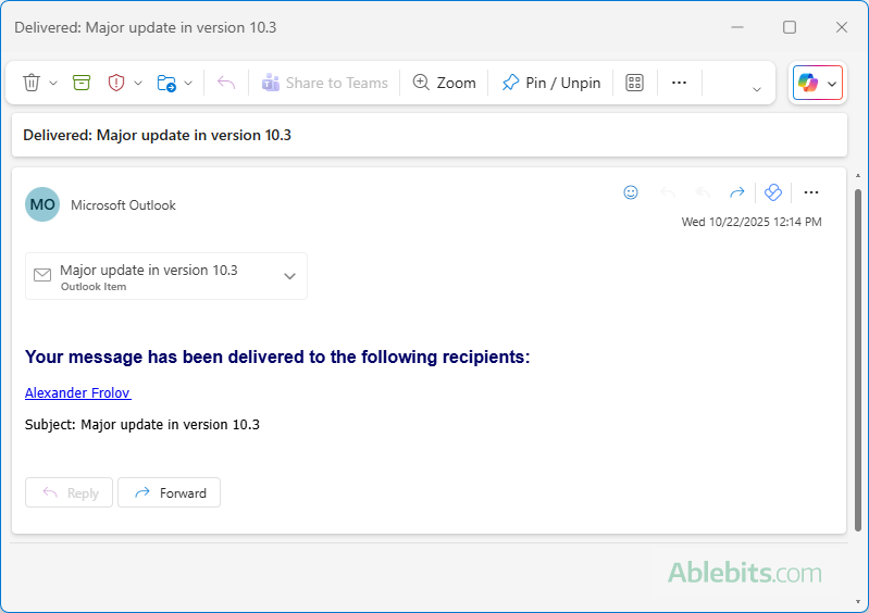 Here's what a delivery receipt looks like in Outlook.