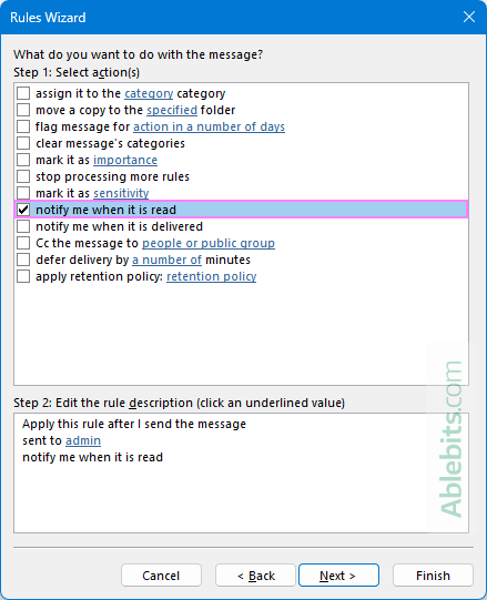 Create a rule to add a read receipt automatically in Outlook.