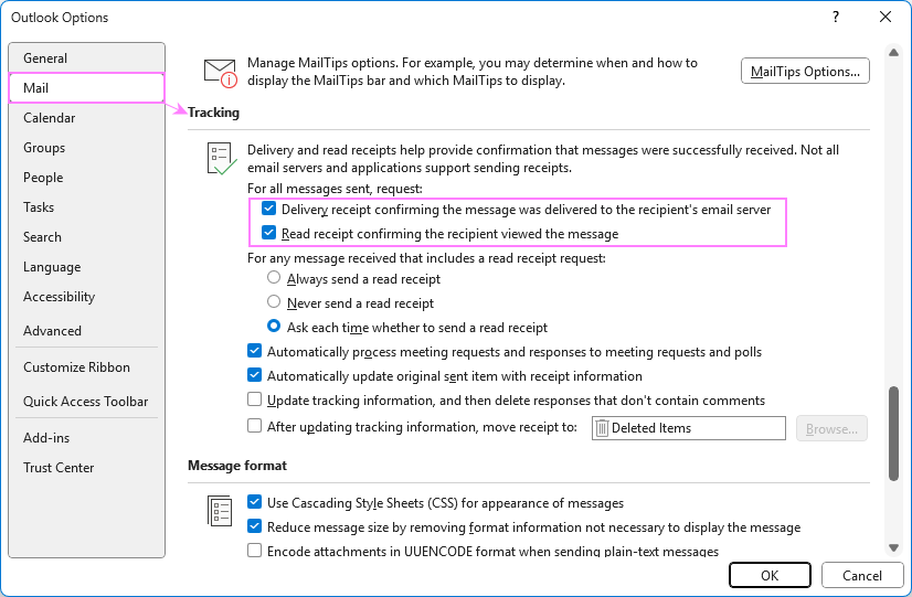 Set read receipt for all emails in Outlook.