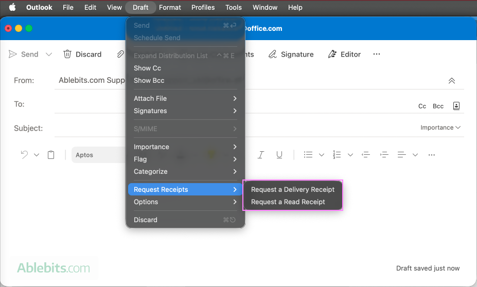 Get a read receipt or delivery notification in Outlook for Mac.