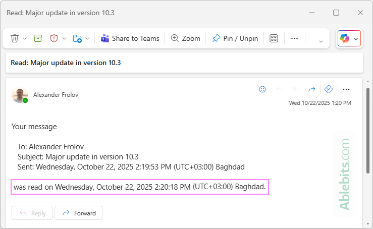 Here's what a read receipt looks like in Outlook.