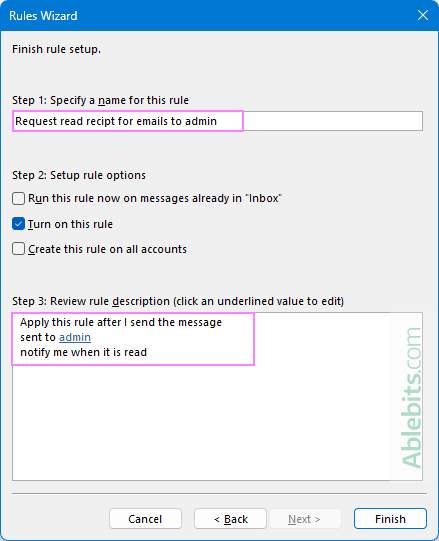 An Outlook rule to request a read receipt automatically for certain emails.