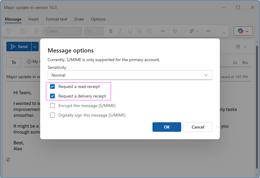 Add a delivery and read receipt in the new Outlook.