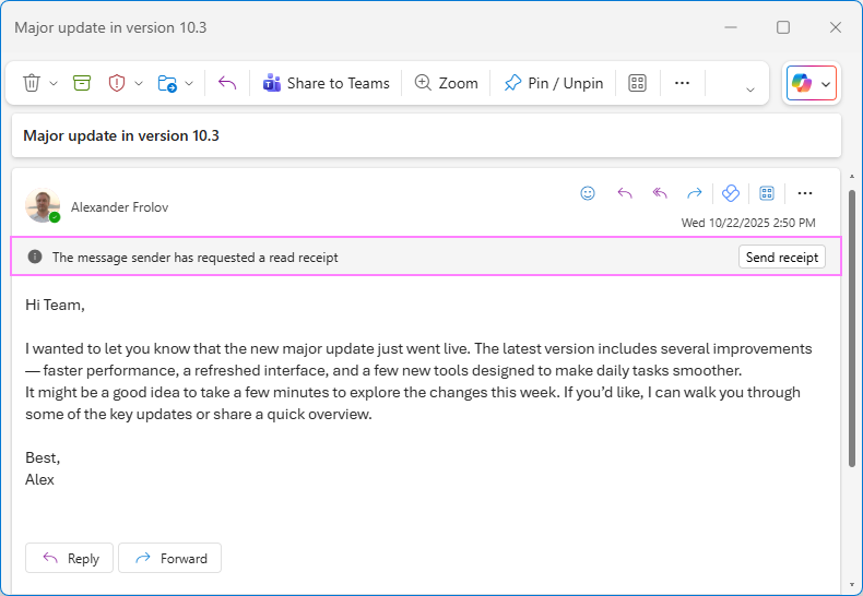 Send a read receipt in new Outlook.