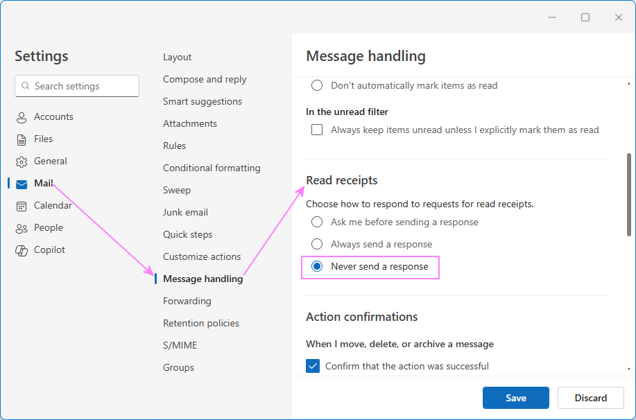 Turn off read receipts in the new Outlook.