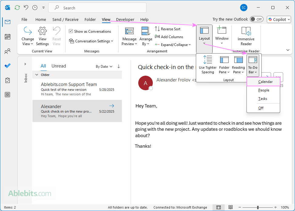 Add calendar to the Outlook Reading Pane.