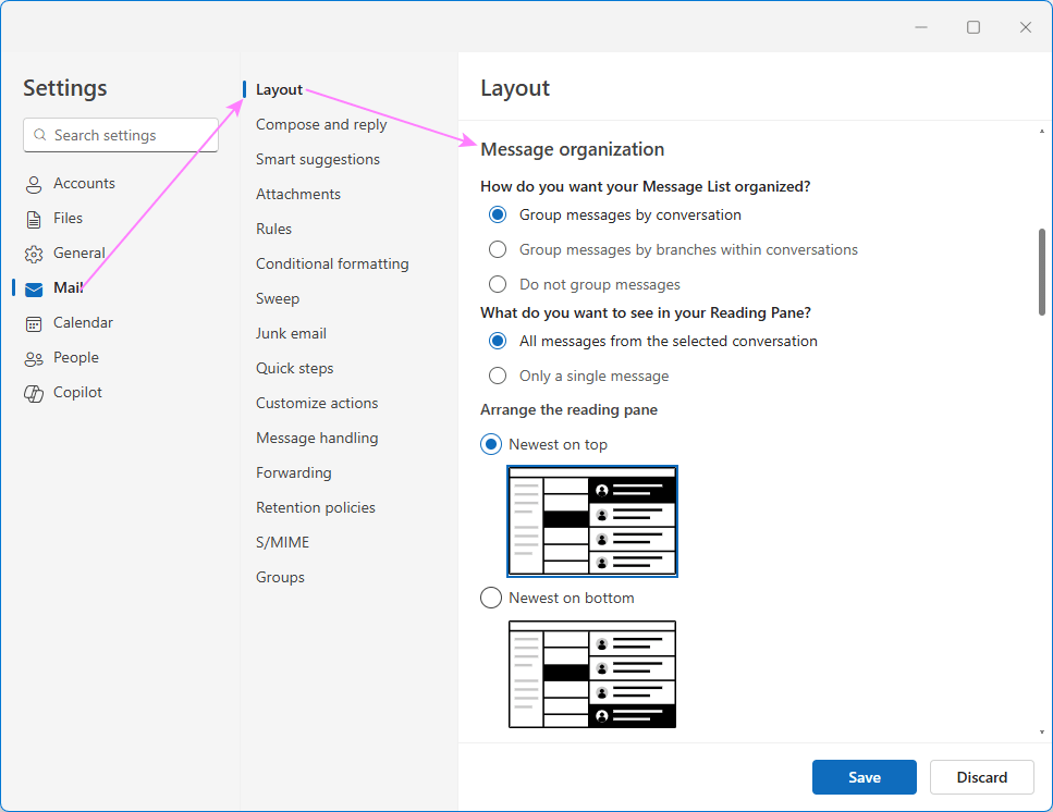 Control how messages appear in the new Outlook Reading Pane.